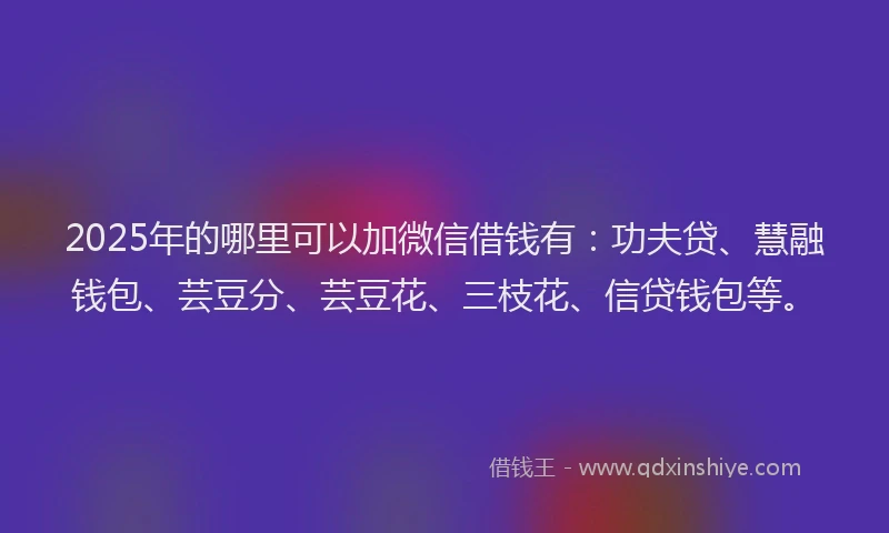 2025年的哪里可以加微信借钱有：功夫贷、慧融钱包、芸豆分、芸豆花、三枝花、信贷钱包等。