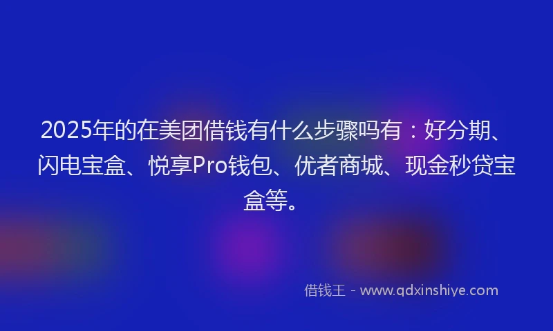 2025年的在美团借钱有什么步骤吗有：好分期、闪电宝盒、悦享Pro钱包、优者商城、现金秒贷宝盒等。
