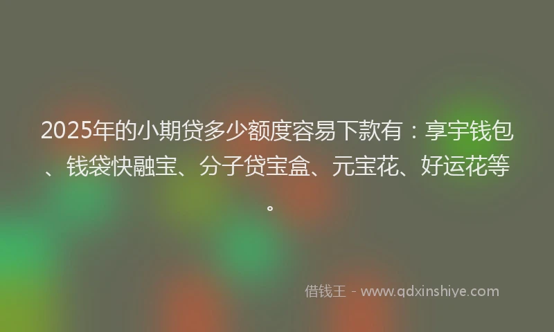2025年的小期贷多少额度容易下款有：享宇钱包、钱袋快融宝、分子贷宝盒、元宝花、好运花等。