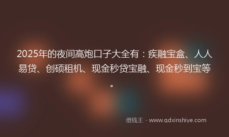 2025年的夜间高炮口子大全有：疾融宝盒、人人易贷、创硕租机、现金秒贷宝融、现金秒到宝等。
