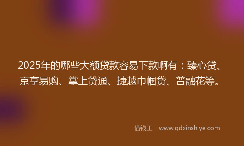 2025年的哪些大额贷款容易下款啊有：臻心贷、京享易购、掌上贷通、捷越巾帼贷、普融花等。