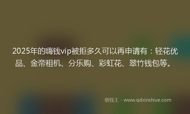 2025年的嗨钱vip被拒多久可以再申请有：轻花优品、金帝租机、分乐购、彩虹花、翠竹钱包等。