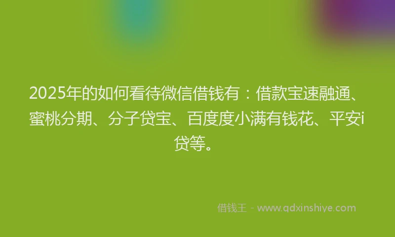 2025年的如何看待微信借钱有:借款宝速融通、蜜桃分期、分子贷宝、百度度小满有钱花、平安i贷等。