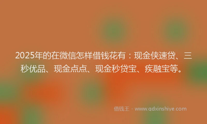 2025年的在微信怎样借钱花有：现金侠速贷、三秒优品、现金点点、现金秒贷宝、疾融宝等。