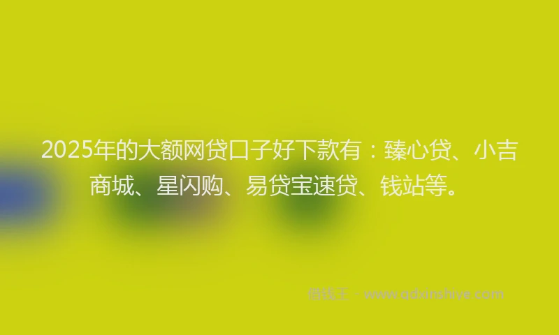 2025年的大额网贷口子好下款有：臻心贷、小吉商城、星闪购、易贷宝速贷、钱站等。