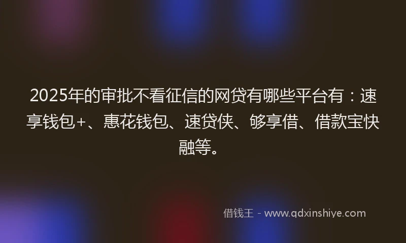2025年的审批不看征信的网贷有哪些平台有：速享钱包+、惠花钱包、速贷侠、够享借、借款宝快融等。