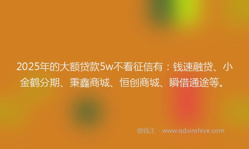 2025年的大额贷款5w不看征信有：钱速融贷、小金鹤分期、秉鑫商城、恒创商城、瞬借通途等。