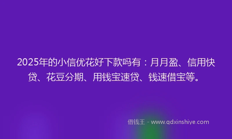 2025年的小信优花好下款吗有:月月盈、信用快贷、花豆分期、用钱宝速贷、钱速借宝等。