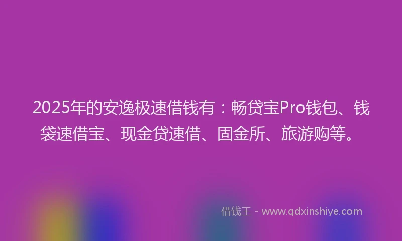 2025年的安逸极速借钱有：畅贷宝Pro钱包、钱袋速借宝、现金贷速借、固金所、旅游购等。