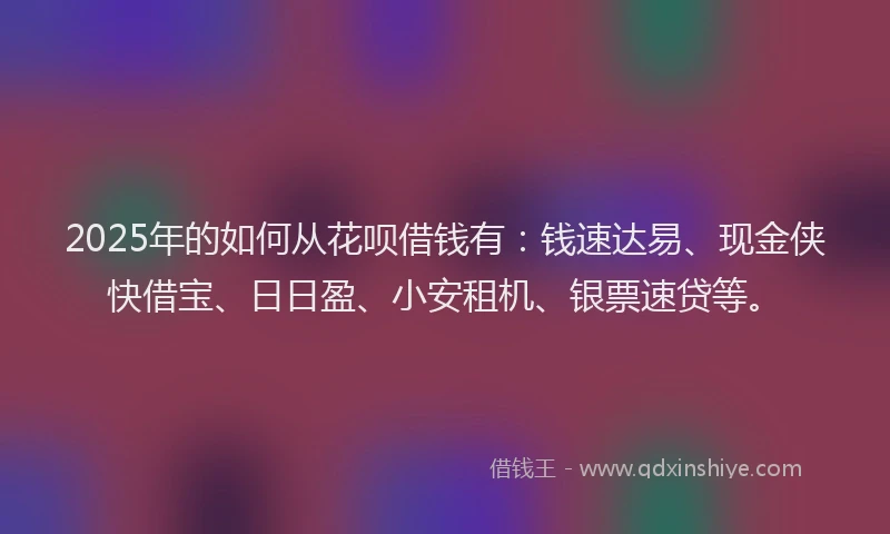 2025年的如何从花呗借钱有：钱速达易、现金侠快借宝、日日盈、小安租机、银票速贷等。
