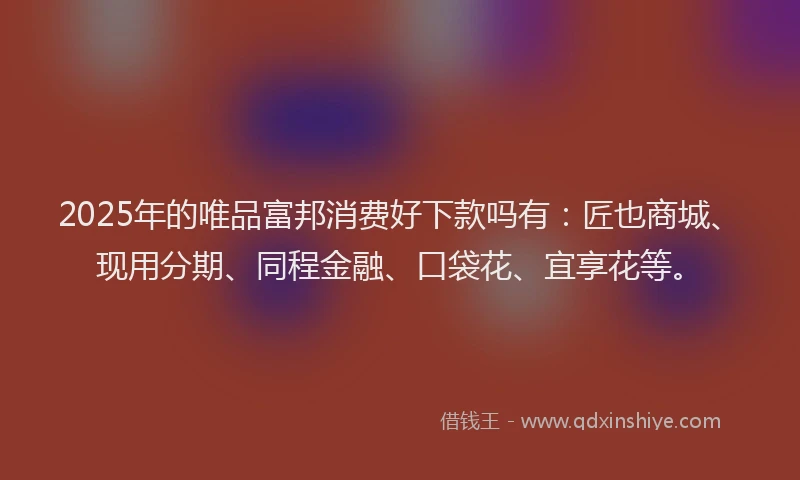 2025年的唯品富邦消费好下款吗有：匠也商城、现用分期、同程金融、口袋花、宜享花等。