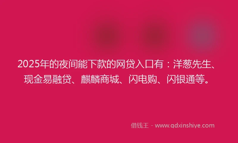 2025年的夜间能下款的网贷入口有：洋葱先生、现金易融贷、麒麟商城、闪电购、闪银通等。
