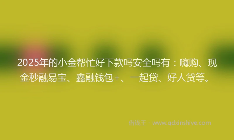 2025年的小金帮忙好下款吗安全吗有：嗨购、现金秒融易宝、鑫融钱包+、一起贷、好人贷等。
