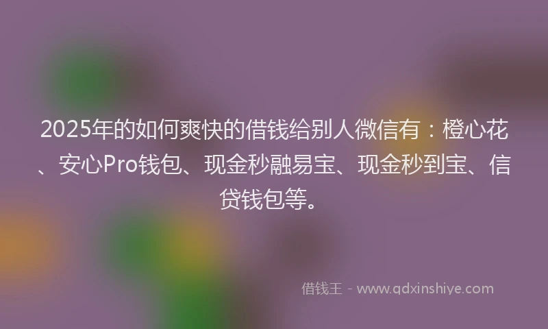 2025年的如何爽快的借钱给别人微信有：橙心花、安心Pro钱包、现金秒融易宝、现金秒到宝、信贷钱包等。