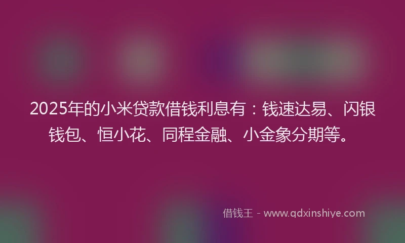 2025年的小米贷款借钱利息有：钱速达易、闪银钱包、恒小花、同程金融、小金象分期等。