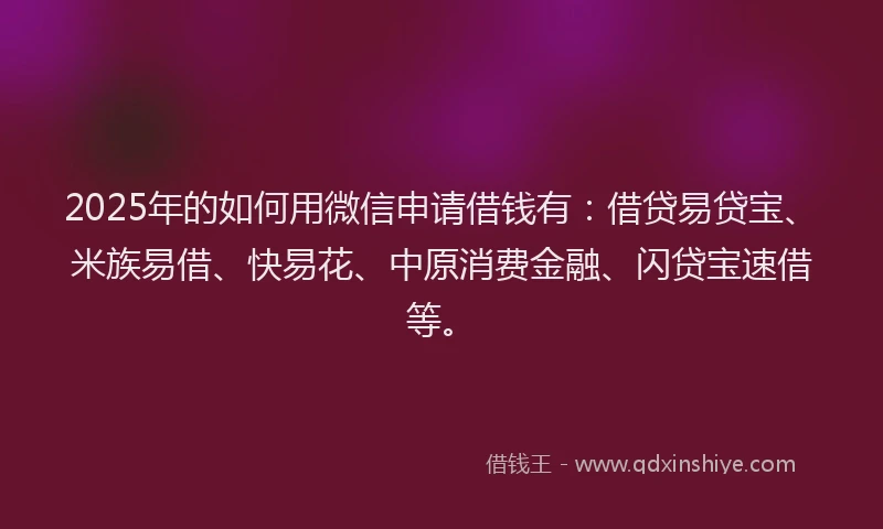 2025年的如何用微信申请借钱有：借贷易贷宝、米族易借、快易花、中原消费金融、闪贷宝速借等。