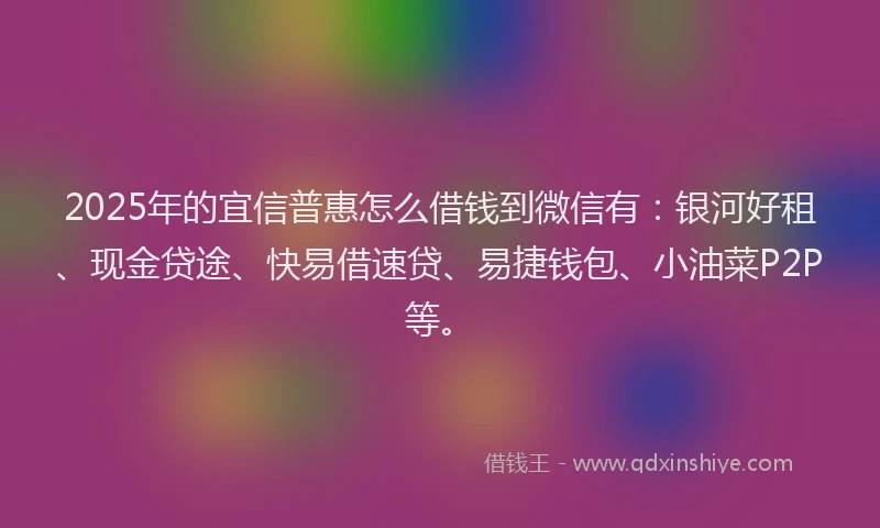 2025年的宜信普惠怎么借钱到微信有：银河好租、现金贷途、快易借速贷、易捷钱包、小油菜P2P等。