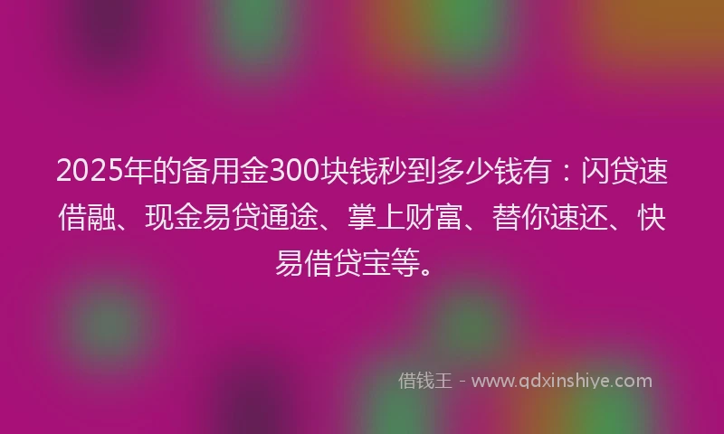2025年的备用金300块钱秒到多少钱有：闪贷速借融、现金易贷通途、掌上财富、替你速还、快易借贷宝等。