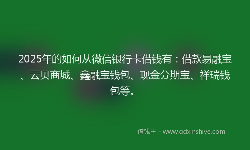 2025年的如何从微信银行卡借钱有:借款易融宝、云贝商城、鑫融宝钱包、现金分期宝、祥瑞钱包等。