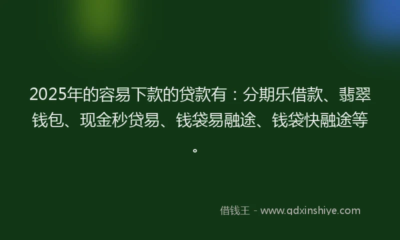 2025年的容易下款的贷款有：分期乐借款、翡翠钱包、现金秒贷易、钱袋易融途、钱袋快融途等。