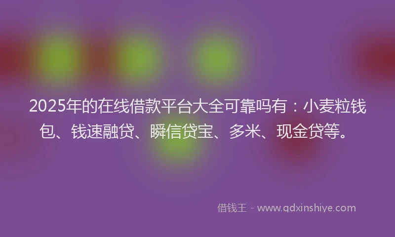2025年的在线借款平台大全可靠吗有：小麦粒钱包、钱速融贷、瞬信贷宝、多米、现金贷等。
