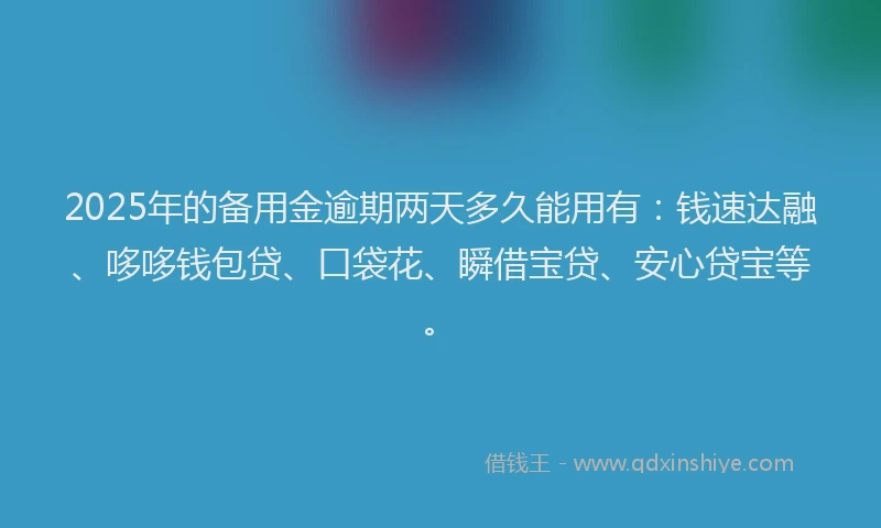 2025年的备用金逾期两天多久能用有：钱速达融、哆哆钱包贷、口袋花、瞬借宝贷、安心贷宝等。