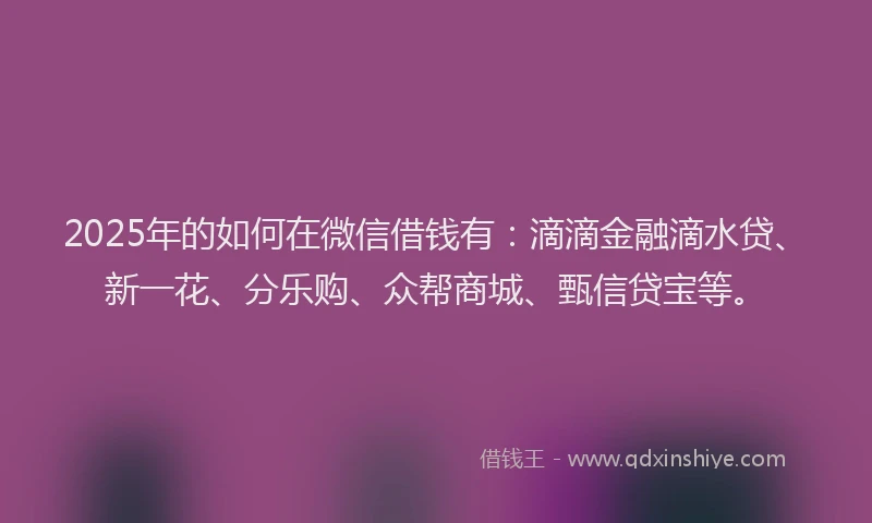 2025年的如何在微信借钱有：滴滴金融滴水贷、新一花、分乐购、众帮商城、甄信贷宝等。