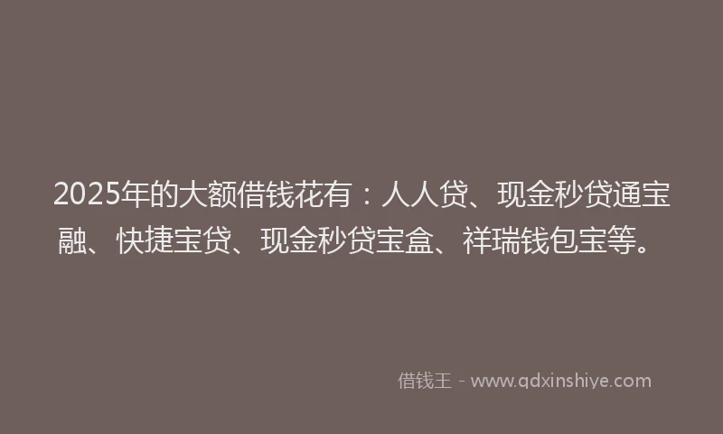 2025年的大额借钱花有：人人贷、现金秒贷通宝融、快捷宝贷、现金秒贷宝盒、祥瑞钱包宝等。