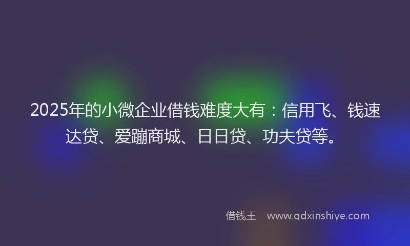 2025年的小微企业借钱难度大有：信用飞、钱速达贷、爱蹦商城、日日贷、功夫贷等。