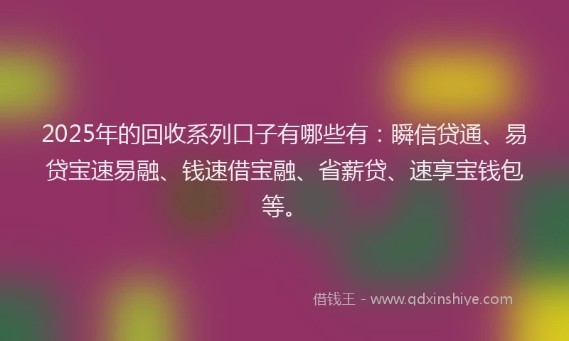 2025年的回收系列口子有哪些有：瞬信贷通、易贷宝速易融、钱速借宝融、省薪贷、速享宝钱包等。