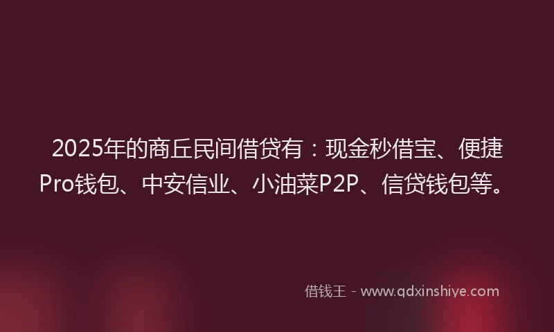 2025年的商丘民间借贷有：现金秒借宝、便捷Pro钱包、中安信业、小油菜P2P、信贷钱包等。