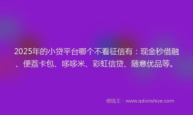 2025年的小贷平台哪个不看征信有：现金秒借融、便荔卡包、哆哆米、彩虹信贷、随意优品等。