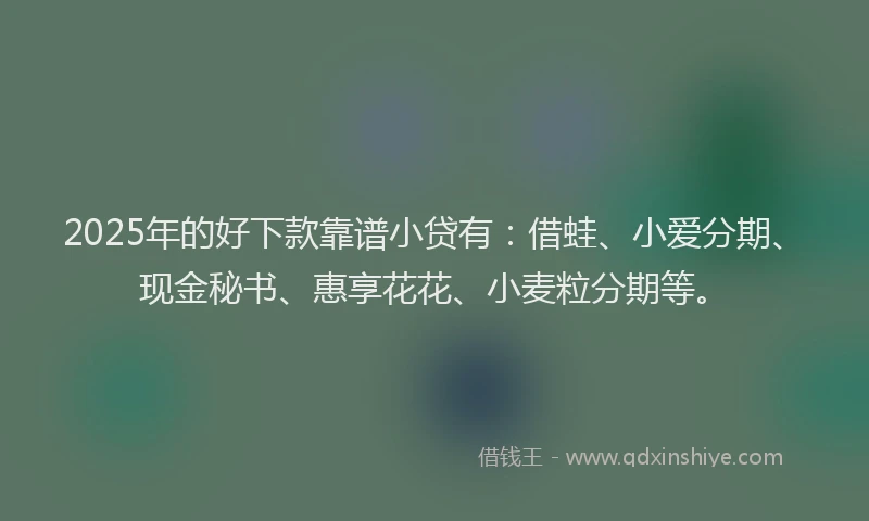 2025年的好下款靠谱小贷有:借蛙、小爱分期、现金秘书、惠享花花、小麦粒分期等。