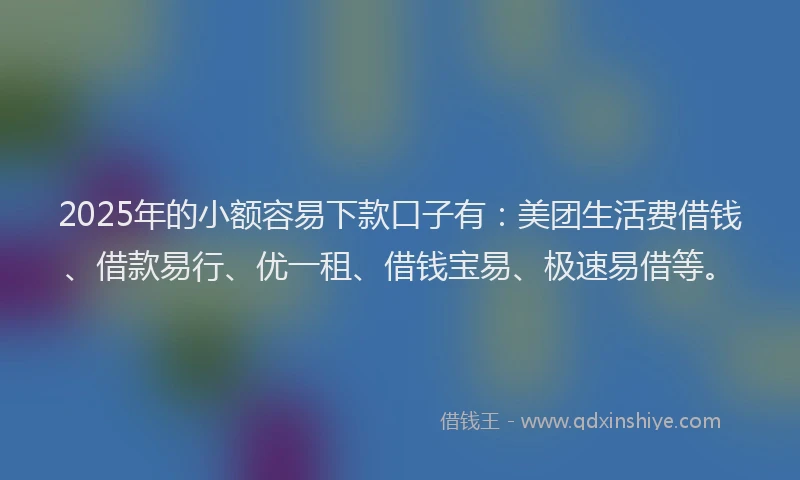 2025年的小额容易下款口子有：美团生活费借钱、借款易行、优一租、借钱宝易、极速易借等。