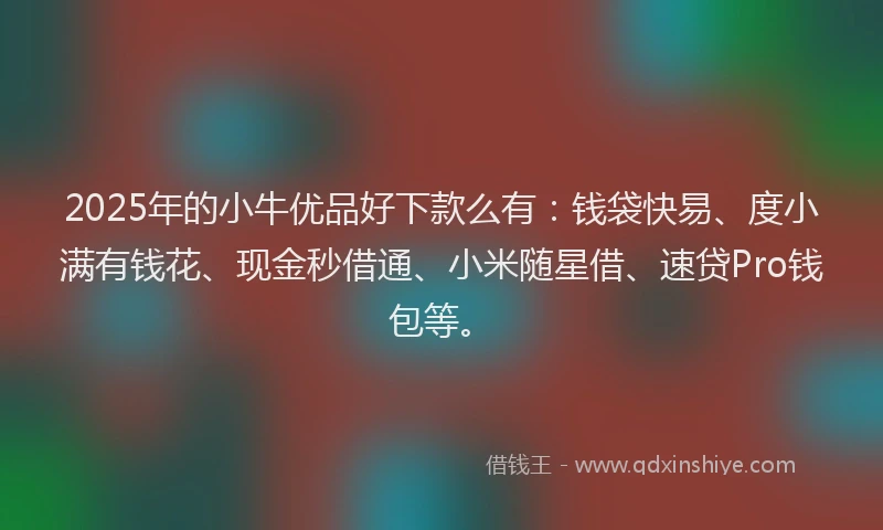 2025年的小牛优品好下款么有:钱袋快易、度小满有钱花、现金秒借通、小米随星借、速贷Pro钱包等。