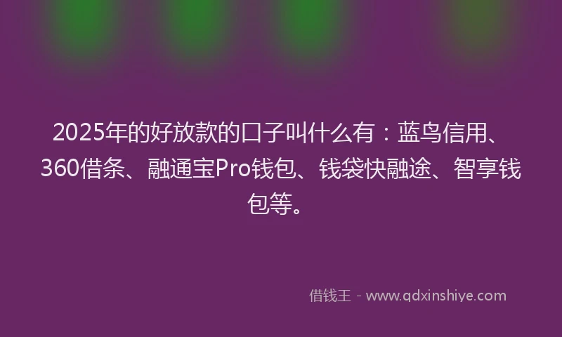 2025年的好放款的口子叫什么有：蓝鸟信用、360借条、融通宝Pro钱包、钱袋快融途、智享钱包等。