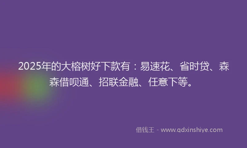2025年的大榕树好下款有：易速花、省时贷、森森借呗通、招联金融、任意下等。