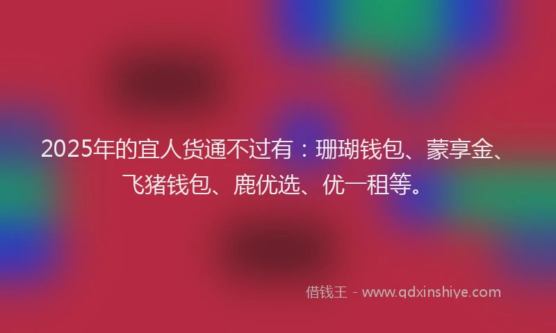 2025年的宜人货通不过有：珊瑚钱包、蒙享金、飞猪钱包、鹿优选、优一租等。