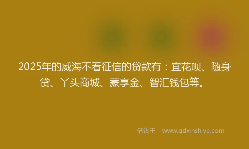 2025年的威海不看征信的贷款有:宜花呗、随身贷、丫头商城、蒙享金、智汇钱包等。