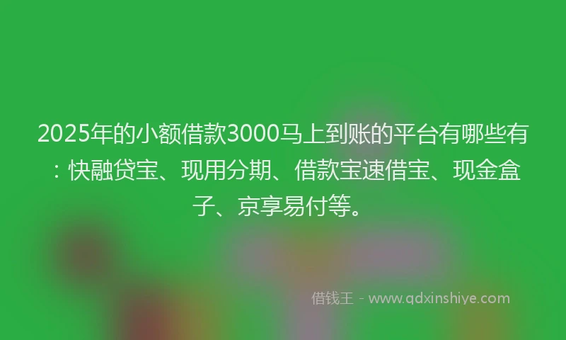 2025年的小额借款3000马上到账的平台有哪些有：快融贷宝、现用分期、借款宝速借宝、现金盒子、京享易付等。