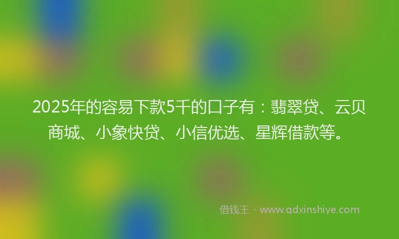 2025年的容易下款5千的口子有：翡翠贷、云贝商城、小象快贷、小信优选、星辉借款等。