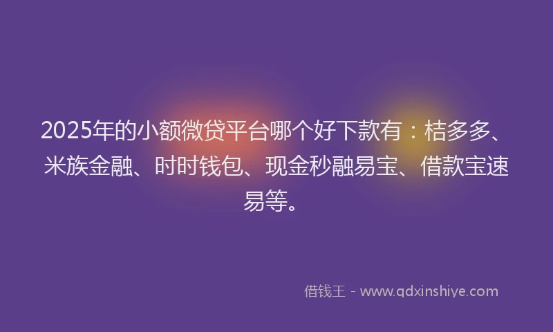 2025年的小额微贷平台哪个好下款有：桔多多、米族金融、时时钱包、现金秒融易宝、借款宝速易等。