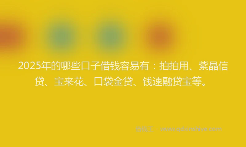 2025年的哪些口子借钱容易有：拍拍用、紫晶信贷、宝来花、口袋金贷、钱速融贷宝等。