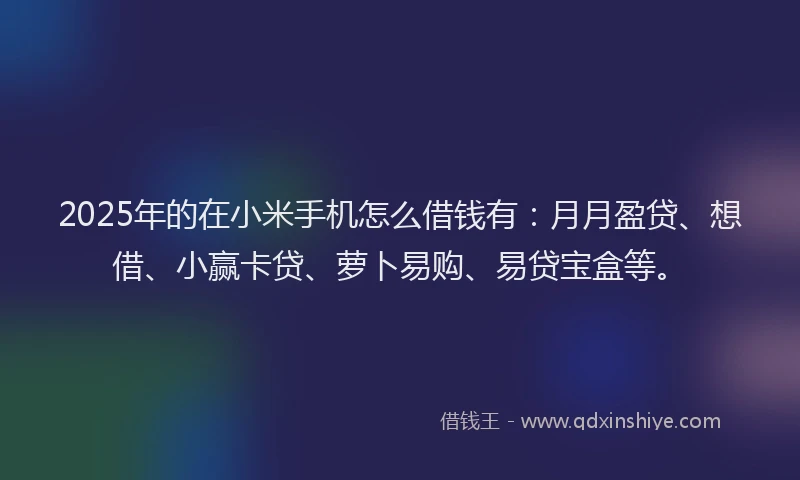 2025年的在小米手机怎么借钱有：月月盈贷、想借、小赢卡贷、萝卜易购、易贷宝盒等。