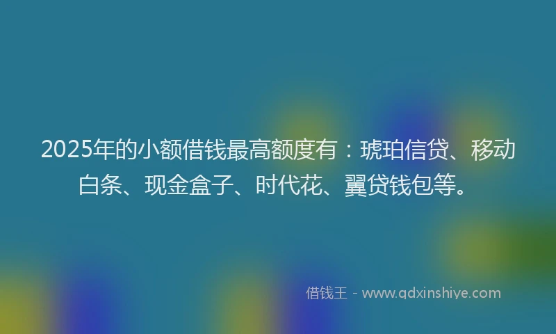 2025年的小额借钱最高额度有：琥珀信贷、移动白条、现金盒子、时代花、翼贷钱包等。