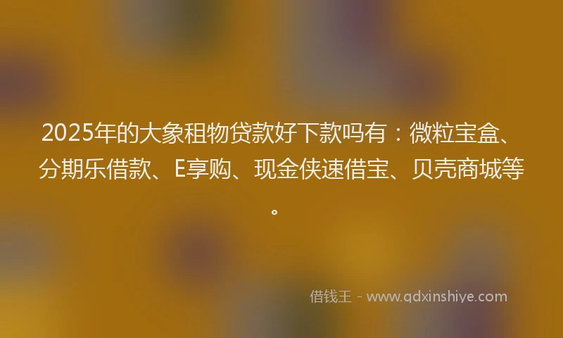 2025年的大象租物贷款好下款吗有：微粒宝盒、分期乐借款、E享购、现金侠速借宝、贝壳商城等。