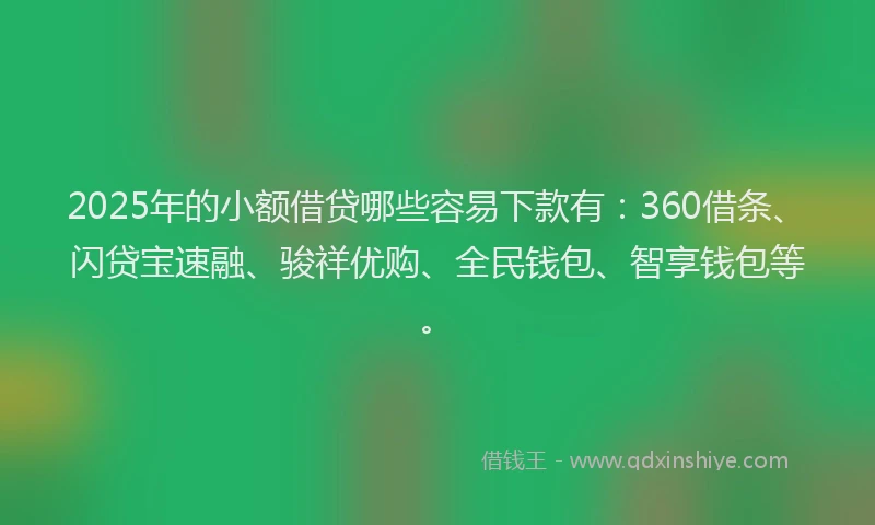 2025年的小额借贷哪些容易下款有：360借条、闪贷宝速融、骏祥优购、全民钱包、智享钱包等。