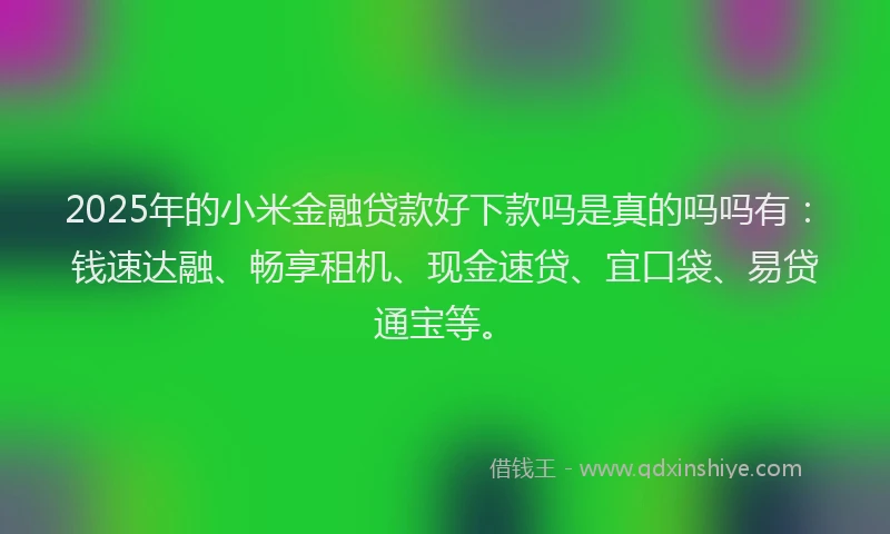 2025年的小米金融贷款好下款吗是真的吗吗有：钱速达融、畅享租机、现金速贷、宜口袋、易贷通宝等。