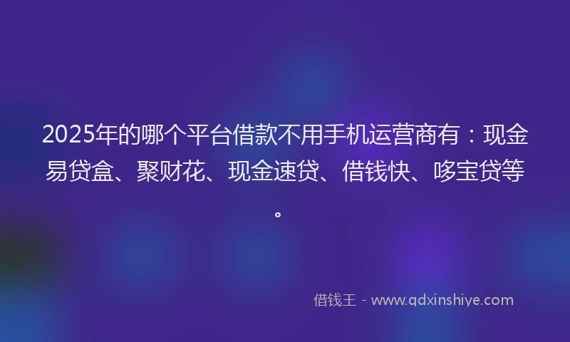 2025年的哪个平台借款不用手机运营商有：现金易贷盒、聚财花、现金速贷、借钱快、哆宝贷等。
