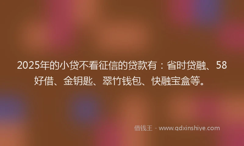 2025年的小贷不看征信的贷款有：省时贷融、58好借、金钥匙、翠竹钱包、快融宝盒等。